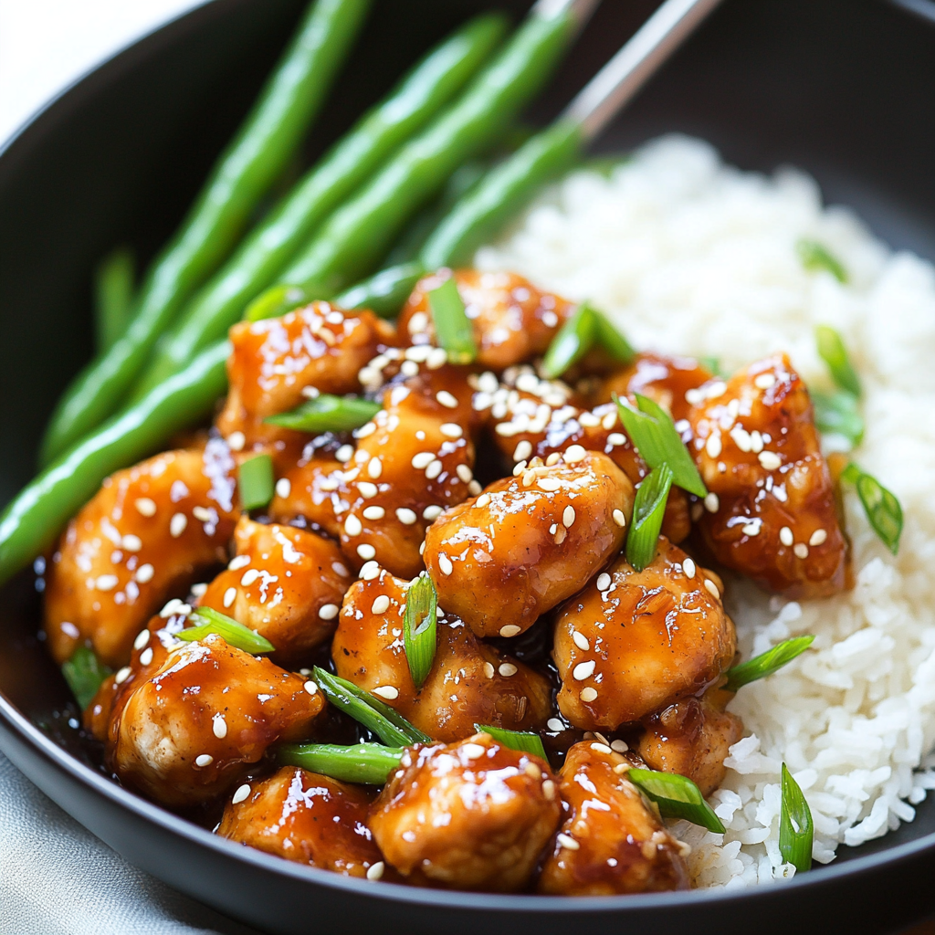 Sesame Chicken with Green Beans and Rice