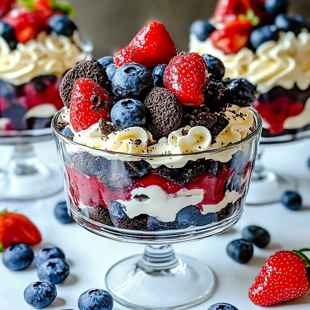 Recipe preparation for Oreo Trifle with Blueberries and Strawberries