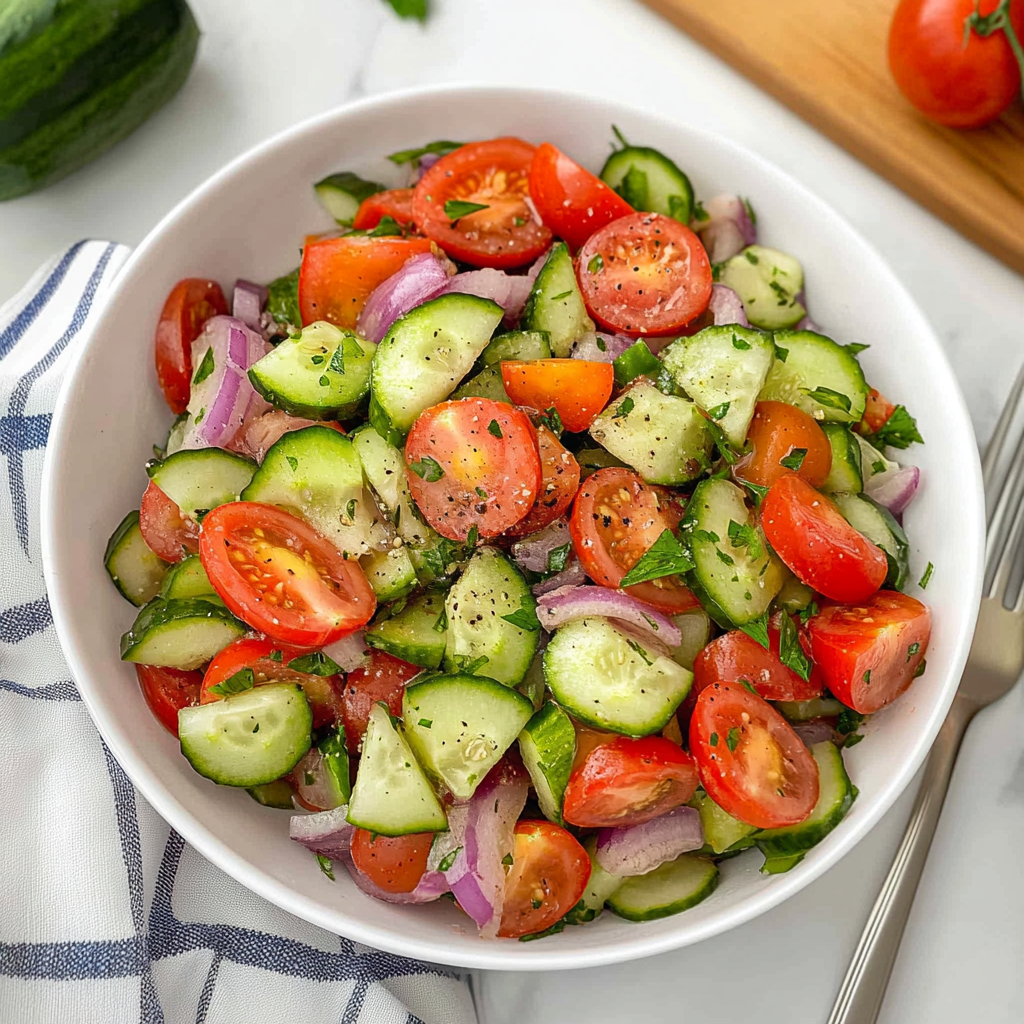 Recipe preparation for Cucumber Tomato Salad