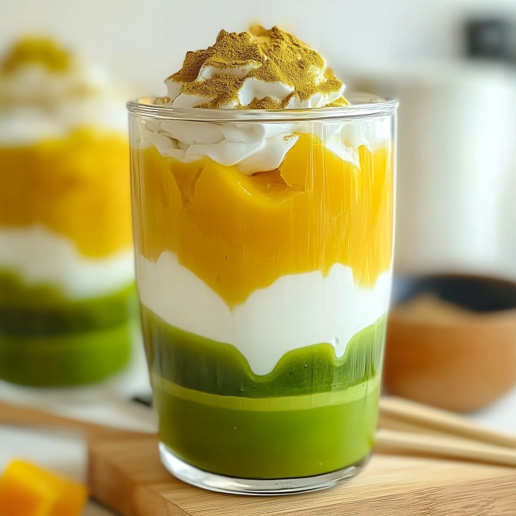 Recipe preparation for Iced Mango Matcha Latte Recipe