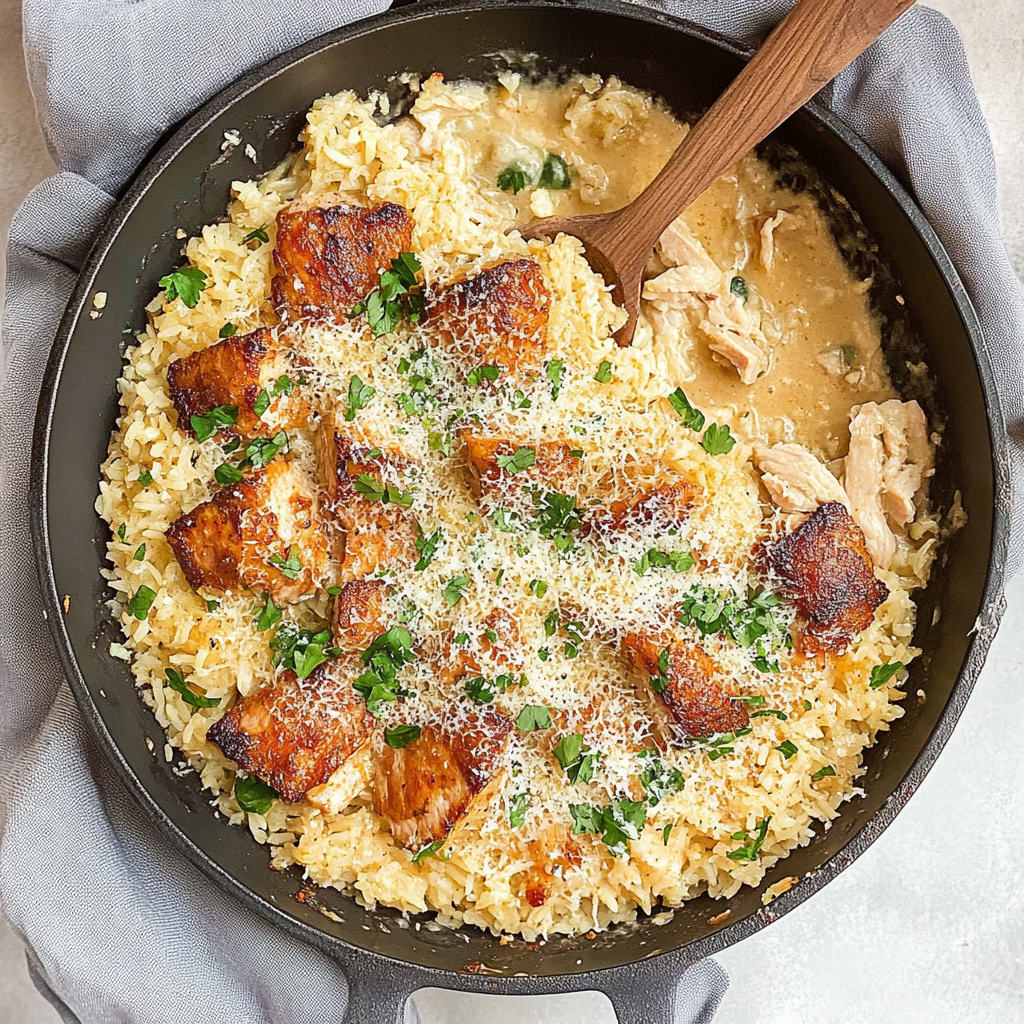 Recipe preparation for Creamy Parmesan One-Pot Chicken and Rice