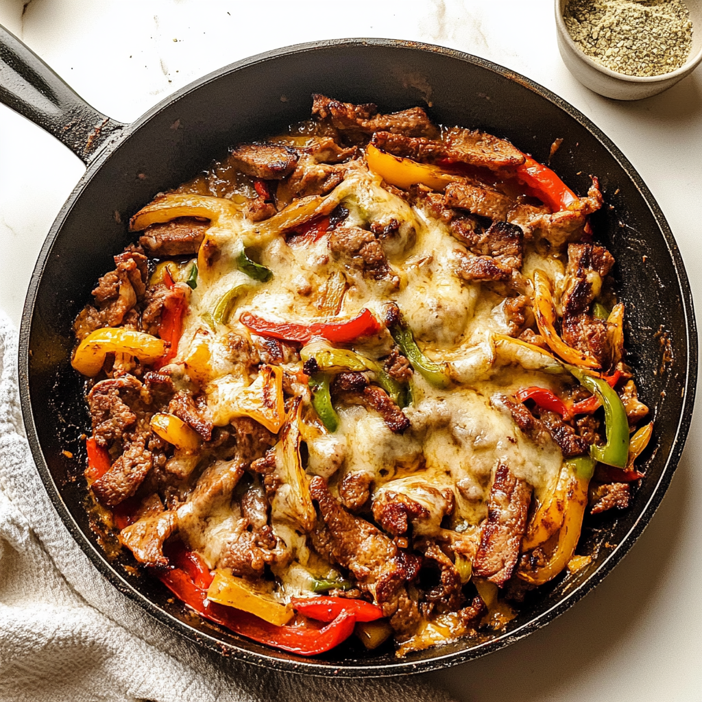 Recipe preparation for Zesty Philly Cheesesteak Skillet