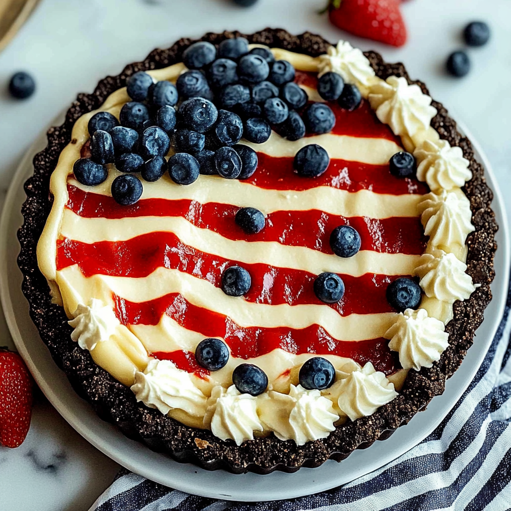 Recipe preparation for Oreo Cookie Crust Flag Pie