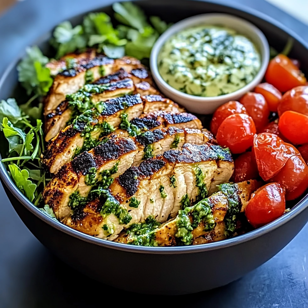 Recipe preparation for Chimichurri Grilled Chicken Bowl with Garlic Sauce