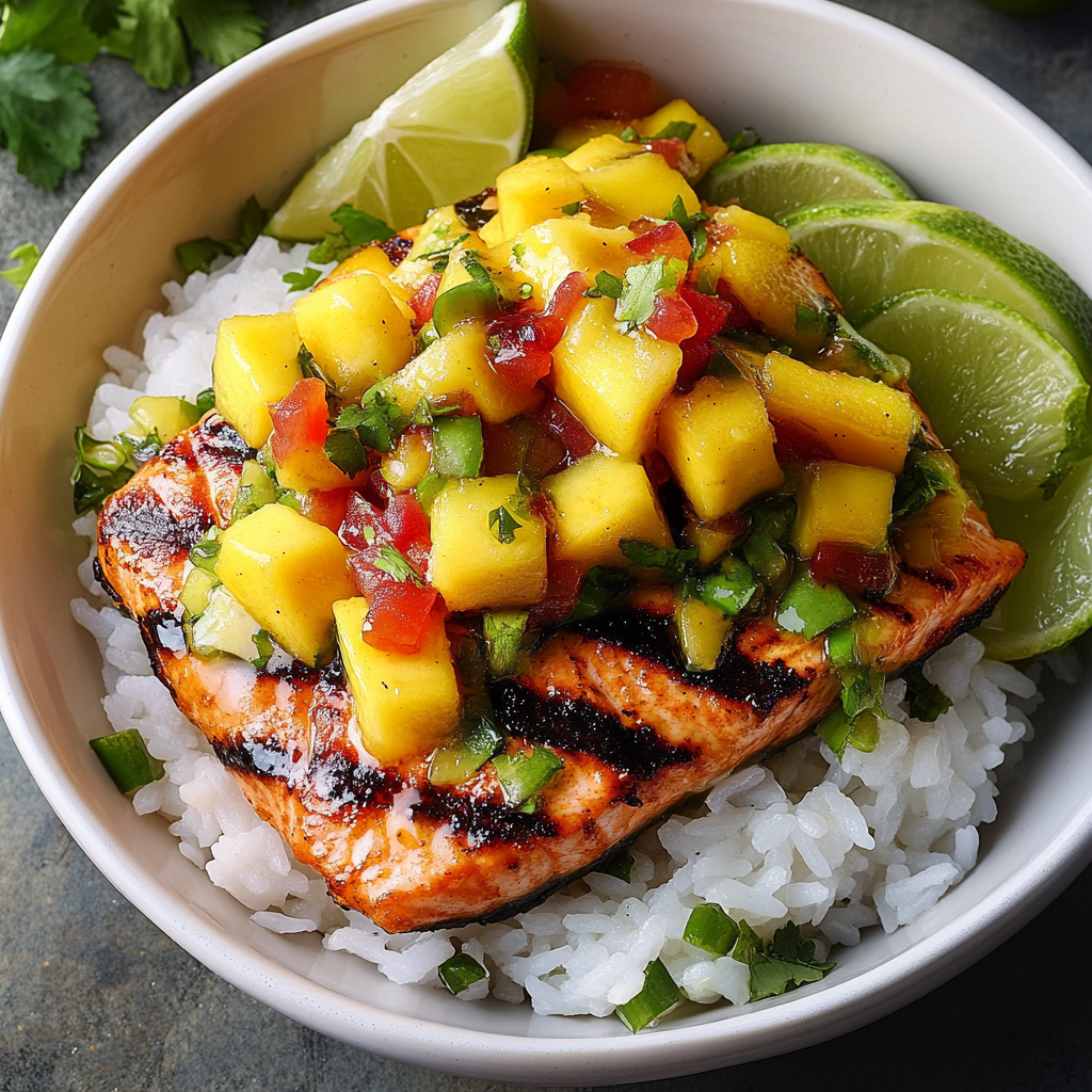 Recipe preparation for Grilled Salmon Mango Coconut Rice
