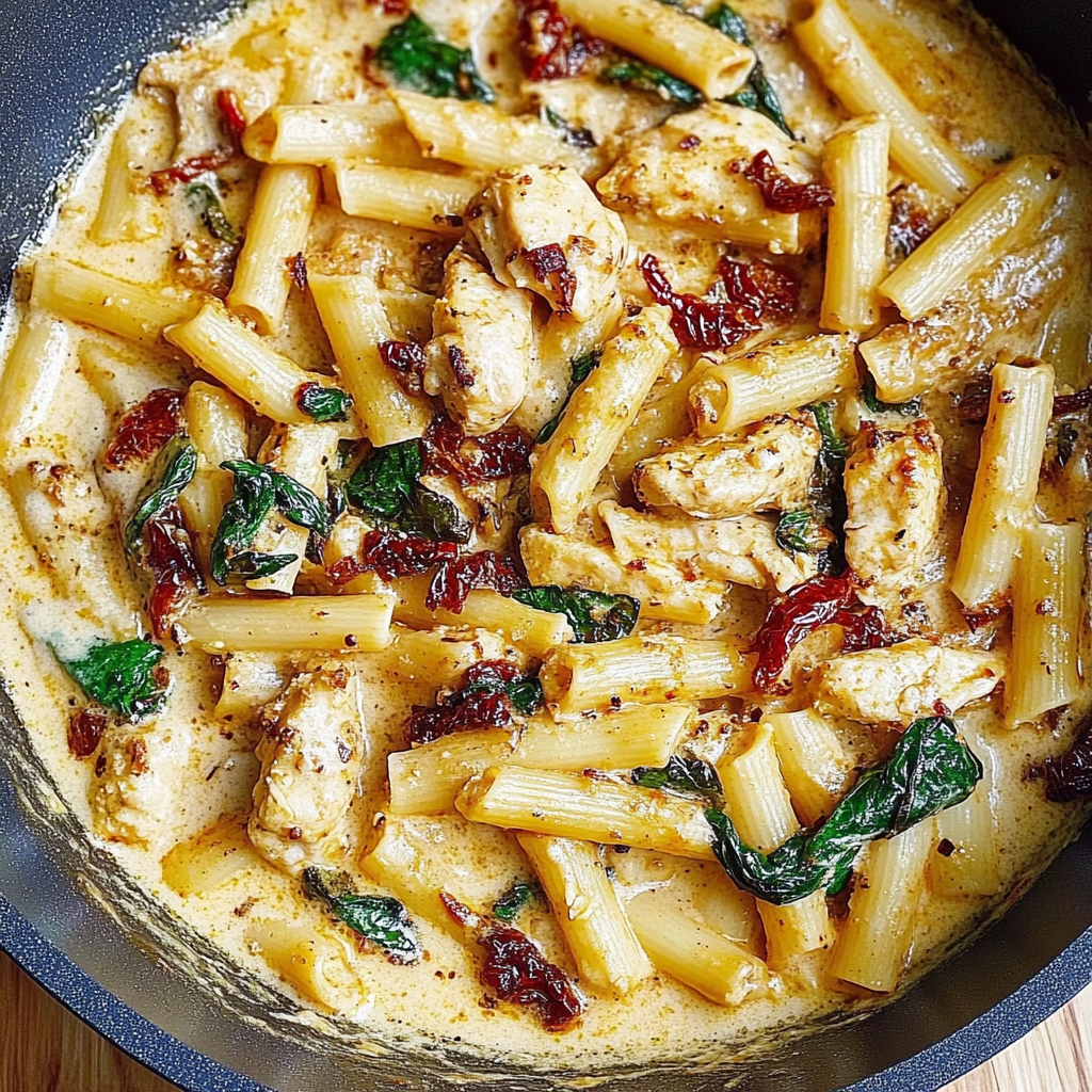 Recipe preparation for Creamy Asiago Chicken Pasta with Sun-Dried Tomatoes