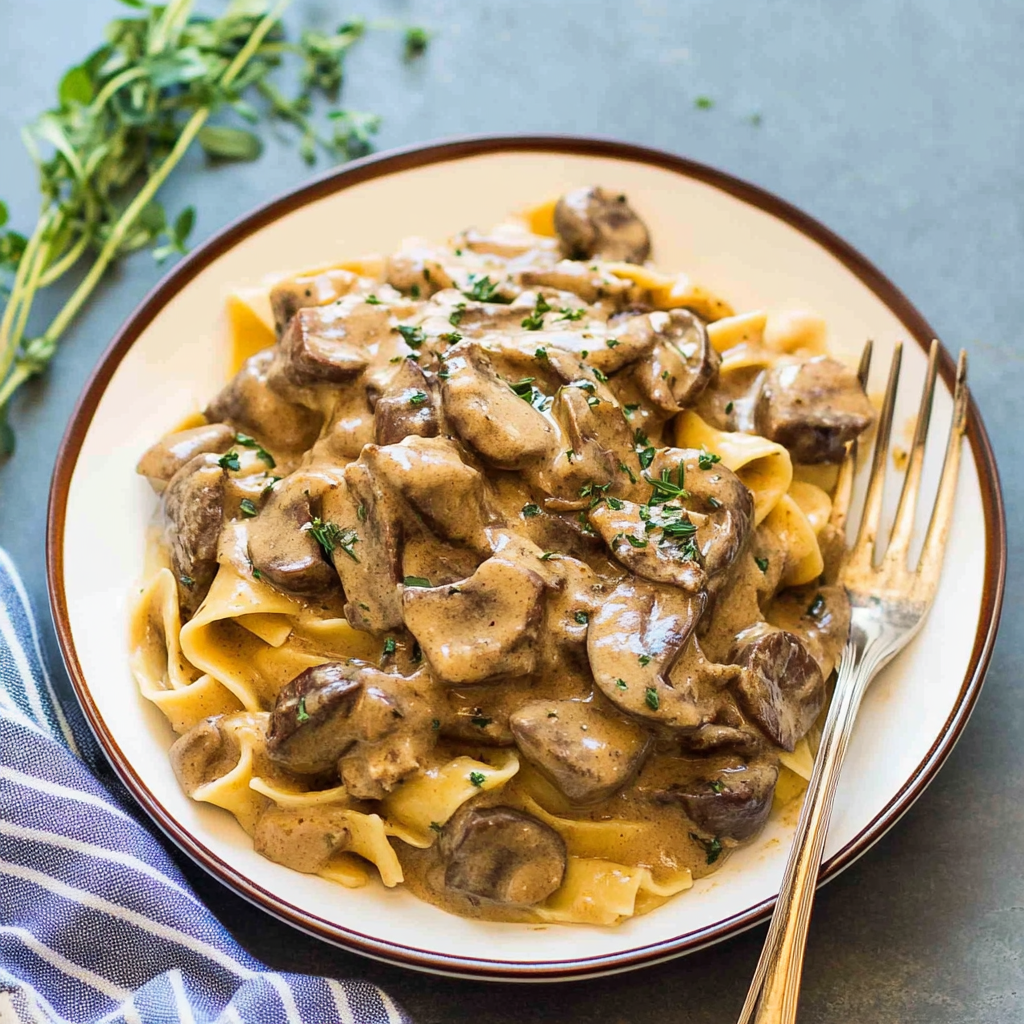 Recipe preparation for Creamy Slow Cooker Beef Stroganoff
