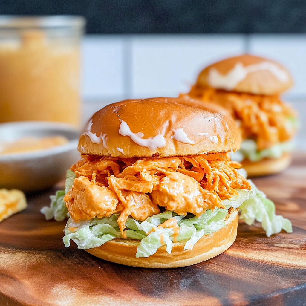 Recipe preparation for Spicy Shredded Buffalo Chicken Sandwich