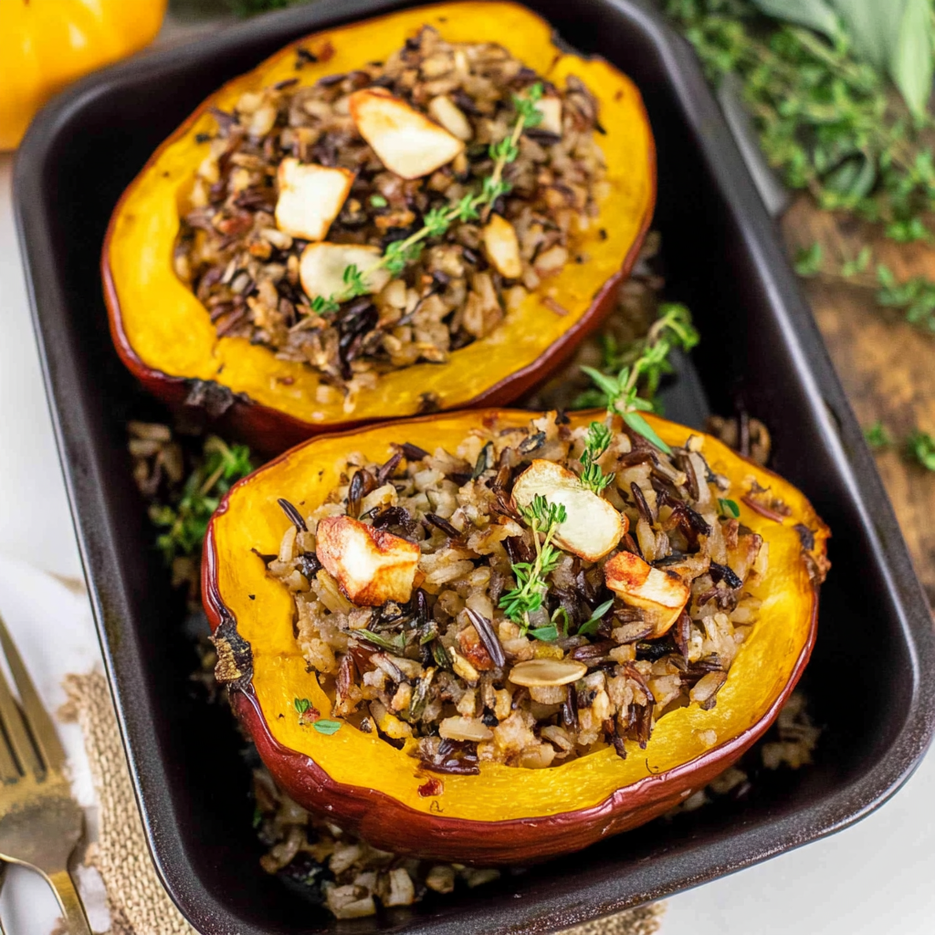 Recipe preparation for Stuffed Acorn Squash with Wild Rice