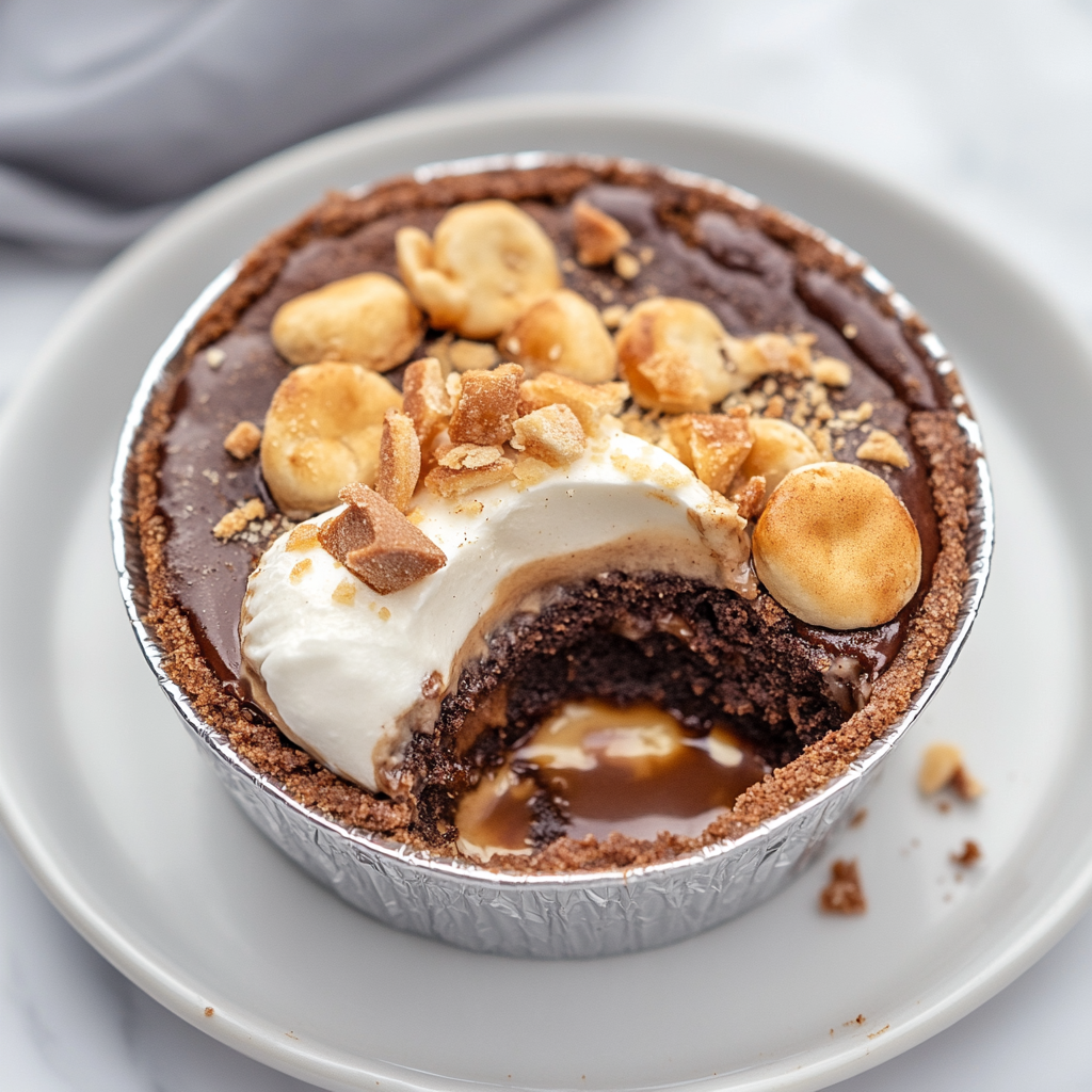 Recipe preparation for Gooey Toffee S’mores Brownie Pies