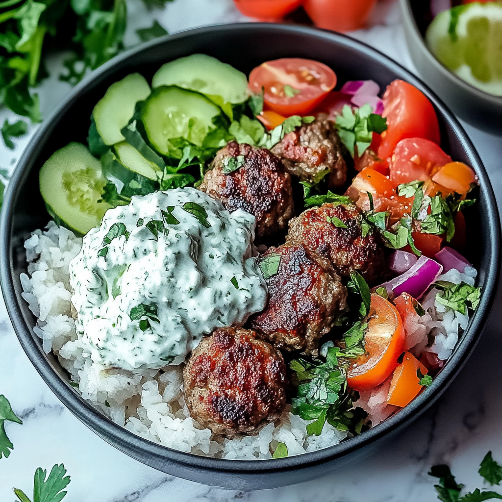 Recipe preparation for Greek Meatball Bowl with Tzatziki, Rice & Fresh Veggies