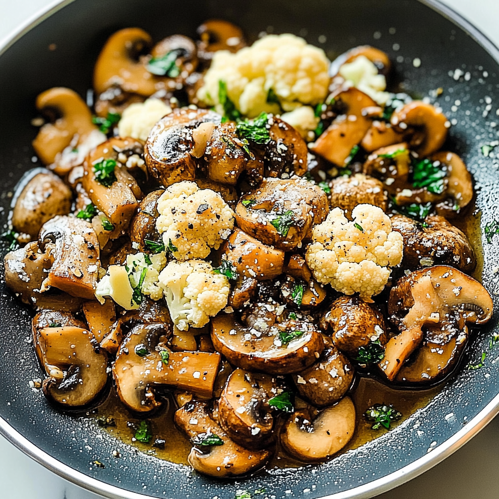 Recipe preparation for Sauteed Garlic Mushrooms & Cauliflower Skillet