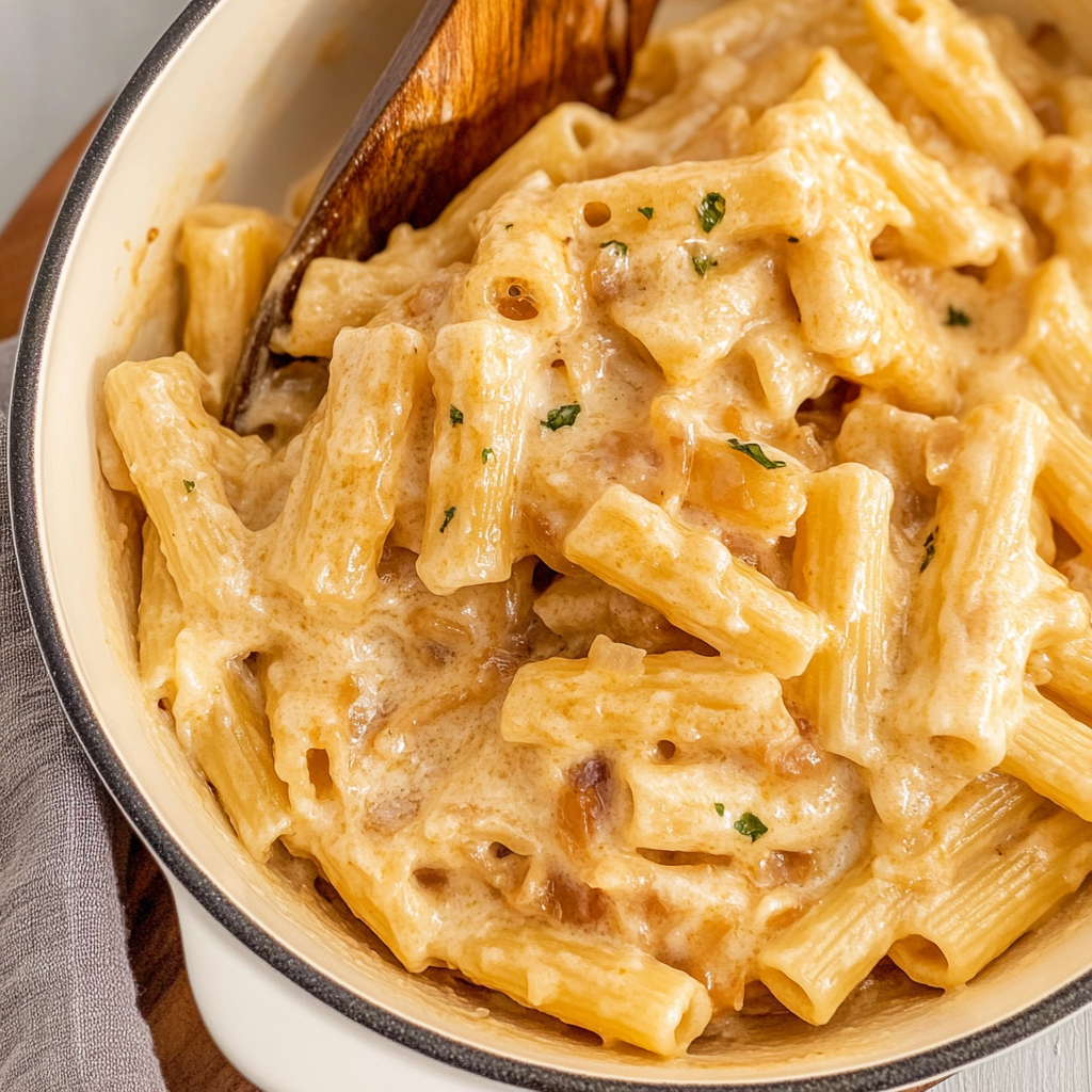 Recipe preparation for French Onion Pasta Recipe with Caramelized Onions and Gruyere