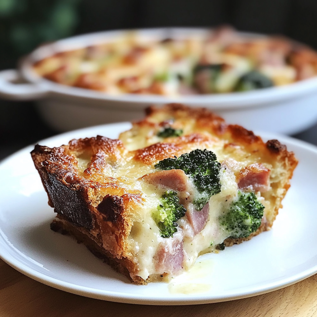Recipe preparation for Cheesy Parmesan Bread Pudding with Broccoli & Ham Delight