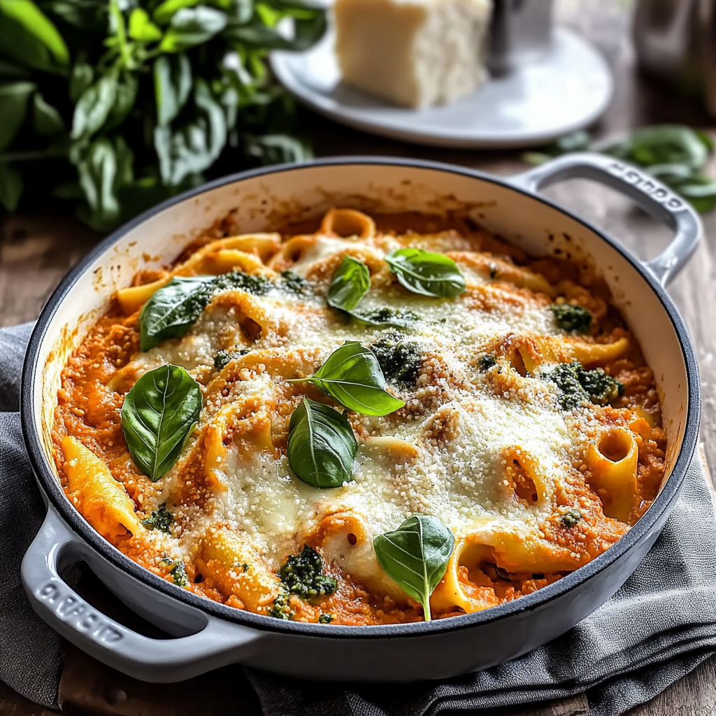 Recipe preparation for Stuffed Creamy Tomato Basil Pasta