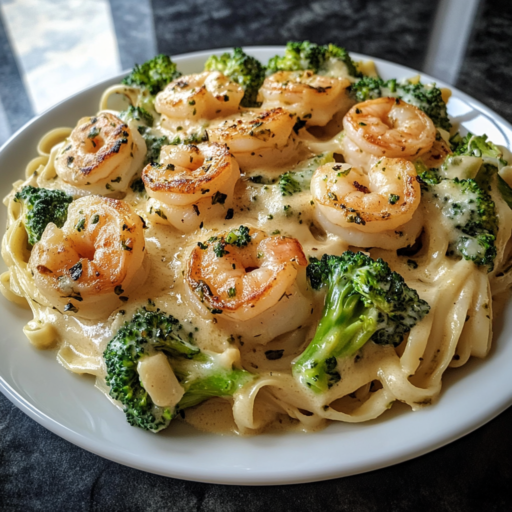 Recipe preparation for Creamy Shrimp Broccoli Alfredo