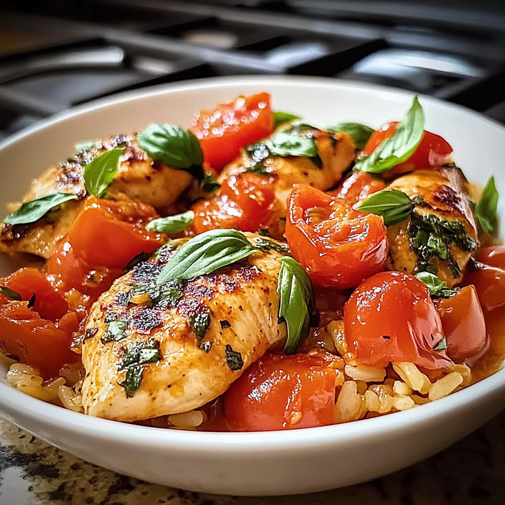 Recipe preparation for Tomato Basil Chicken and Rice recipe