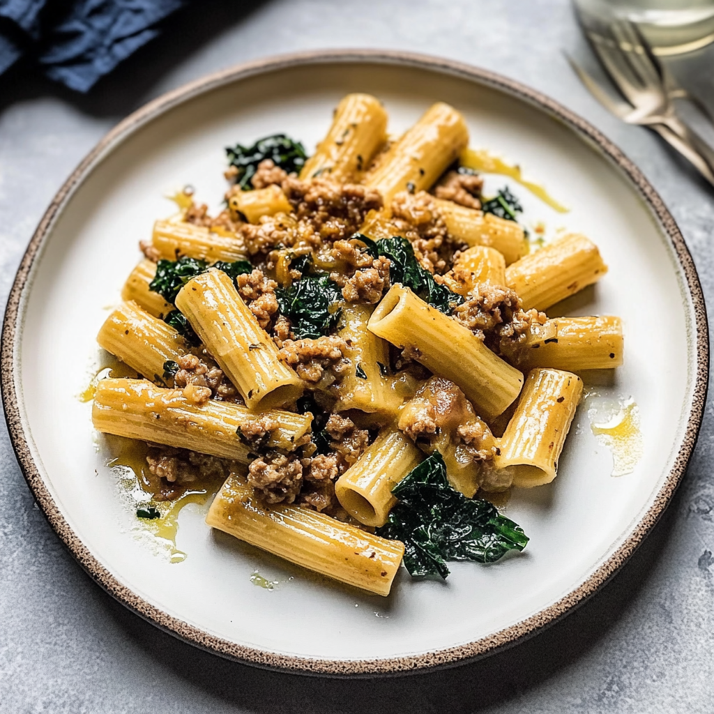 Recipe preparation for Savory Sausage and Kale Rigatoni