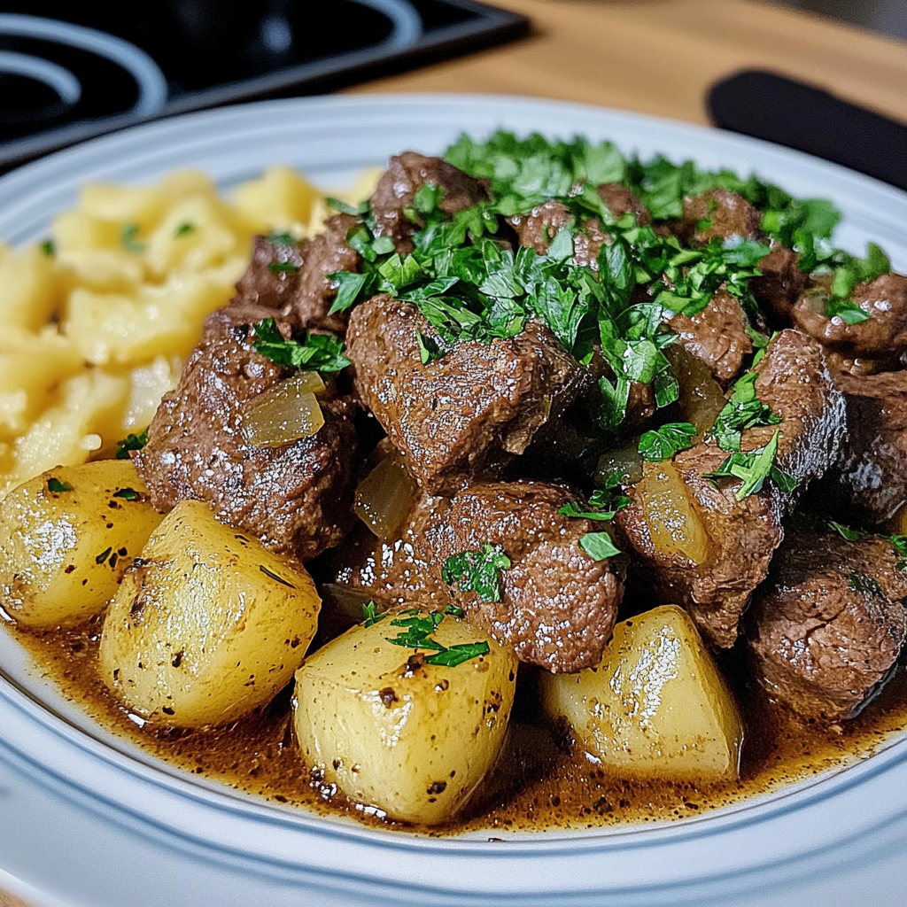Recipe preparation for Slow Cooker Garlic Butter Steak Bites & Potatoes