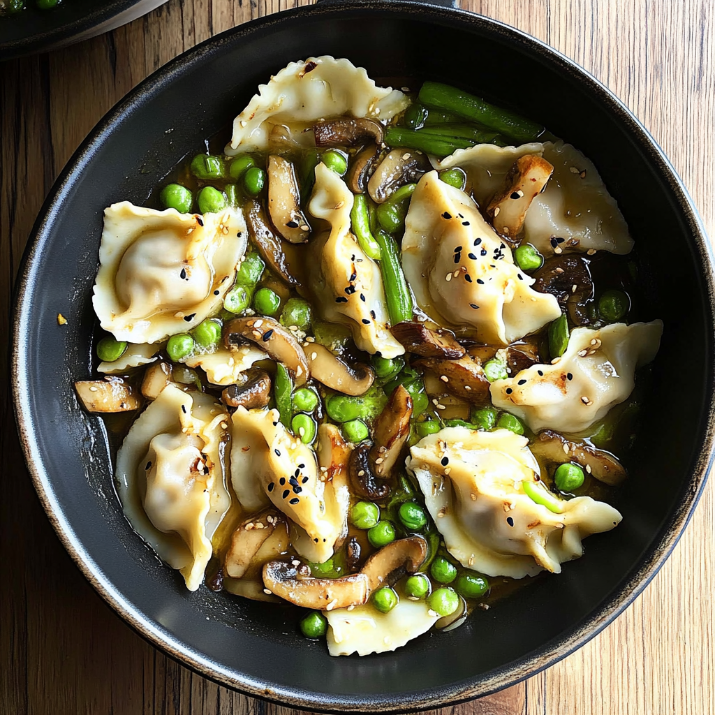 Recipe preparation for One-Skillet Soy Shiitakes with Dumplings