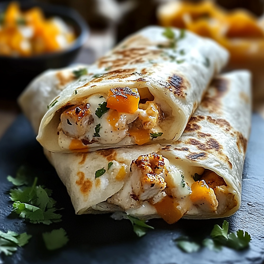 Recipe preparation for Cheesy Garlic Chicken Wraps