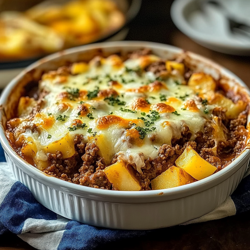 Recipe preparation for Cheesy Ground Beef and Potato Casserole: A Comfort Food Classic