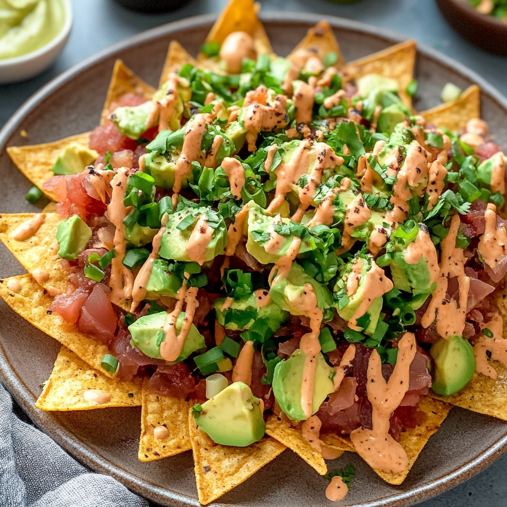 Recipe preparation for Tuna Poke Nachos