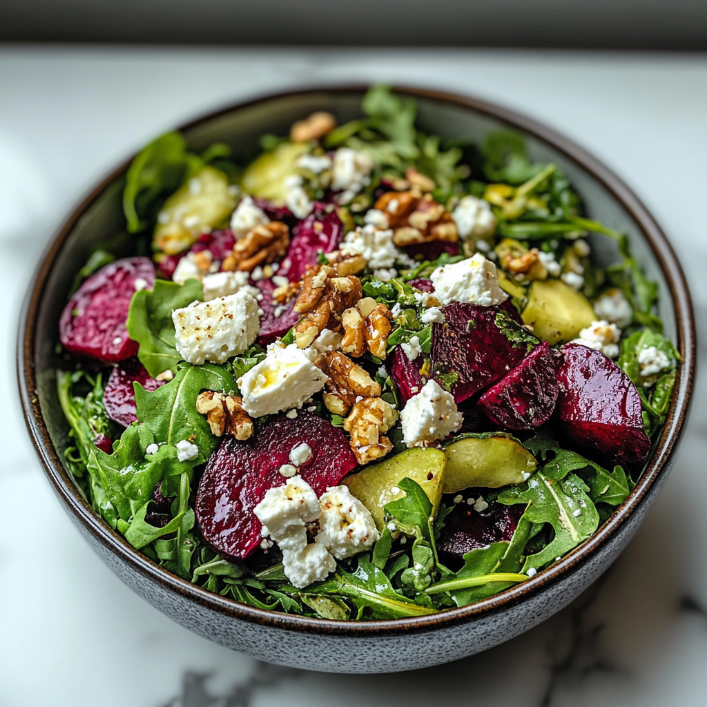 Recipe preparation for Roasted Beet & Arugula Salad with Feta and Walnuts