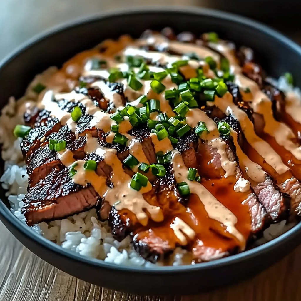 Recipe preparation for Korean BBQ Steak Rice Bowls with Spicy Cream Sauce