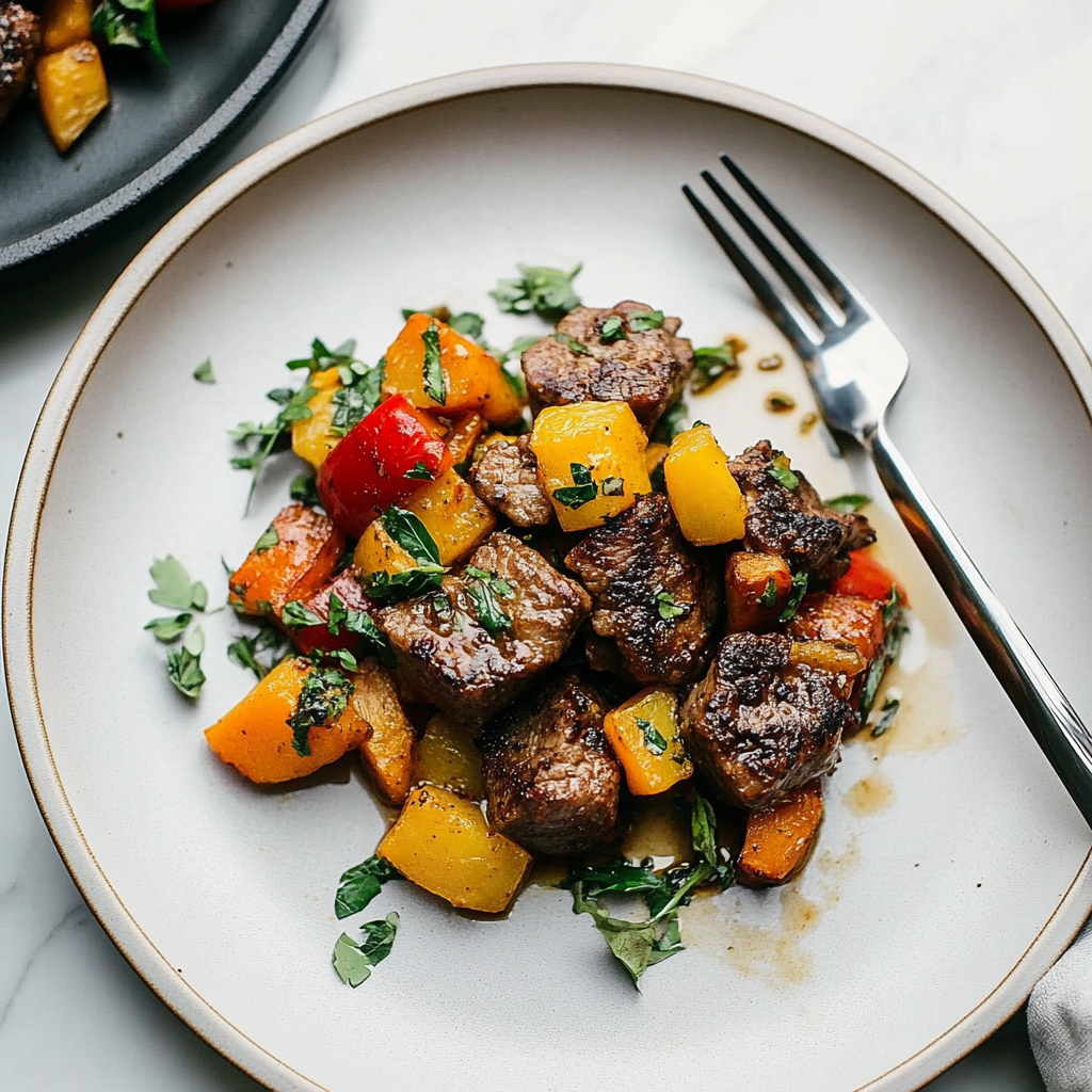 Recipe preparation for Steak Bites with Sweet Potatoes and Peppers