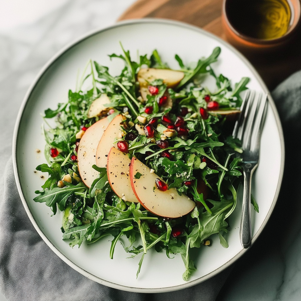 Recipe preparation for Arugula Pear Salad with Pistachios and Pomegranate