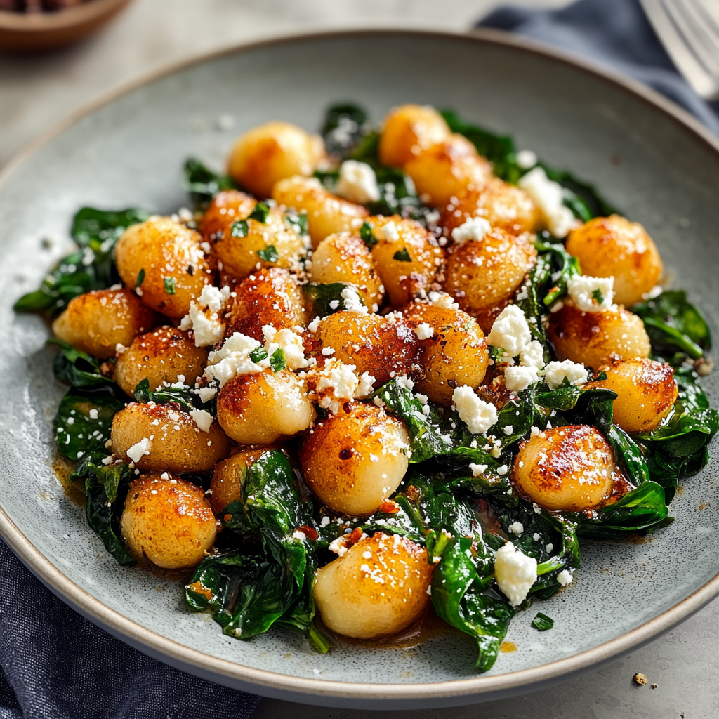 Recipe preparation for Crispy Gnocchi With Spinach And Feta