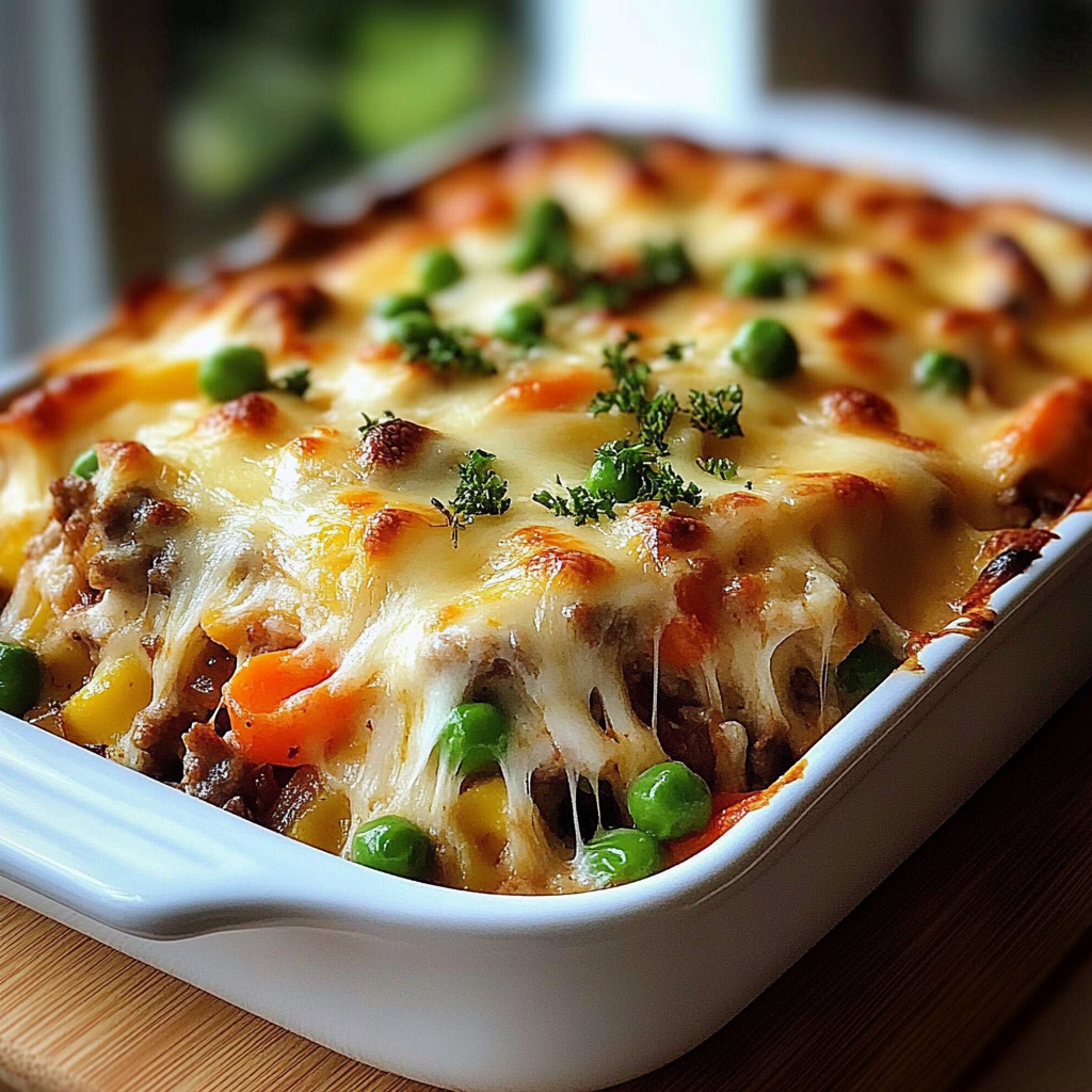 Recipe preparation for Homemade Cheesy Beef & Vegetable Casserole