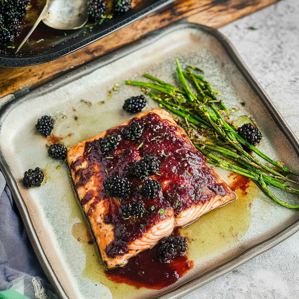 Recipe preparation for Oven Baked Salmon with Blackberry Barbecue Sauce