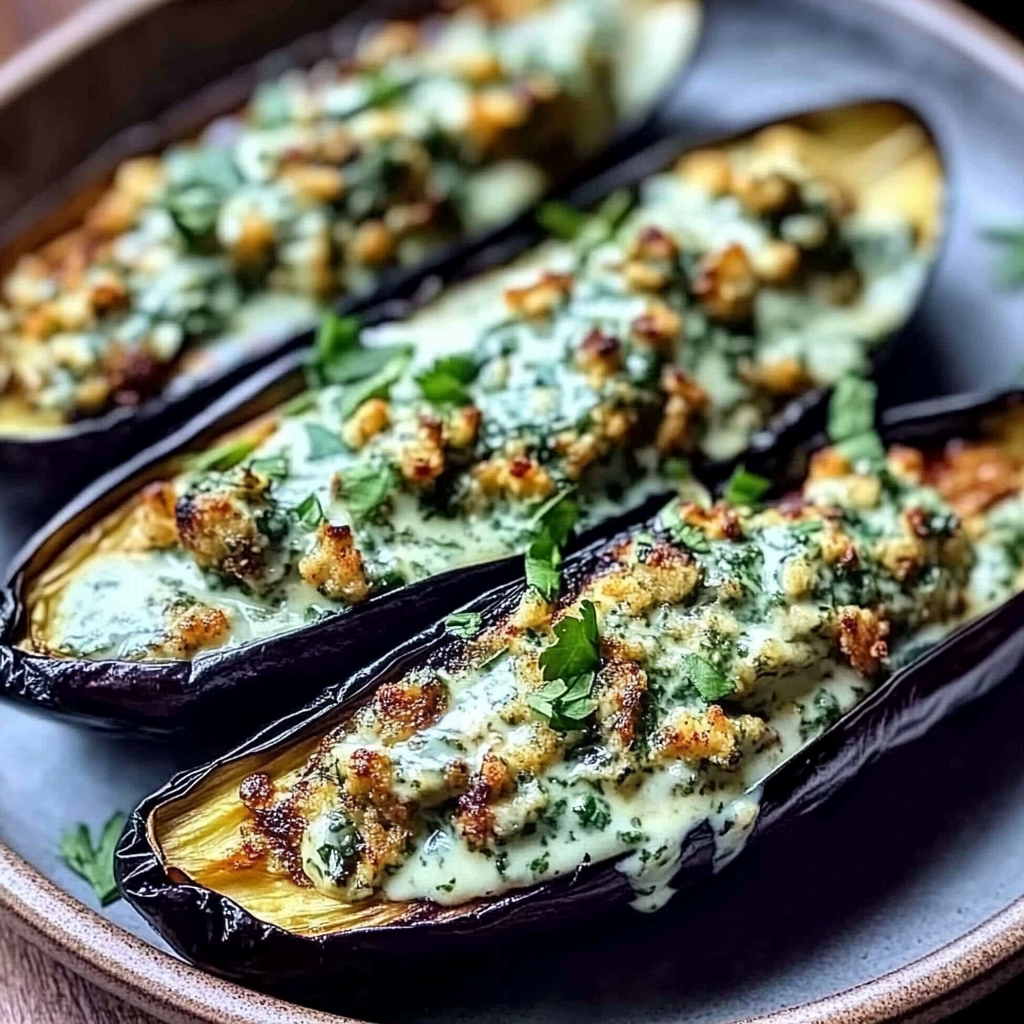 Recipe preparation for Loaded Grilled Eggplant with Creamy Herb Sauce