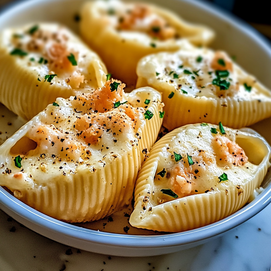 Recipe preparation for Creamy Seafood Stuffed Shells