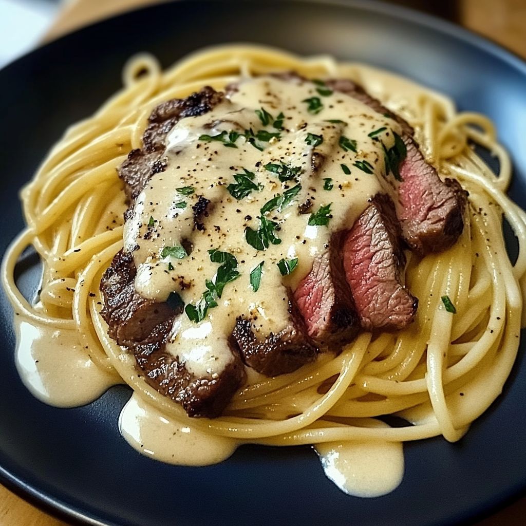 Recipe preparation for Creamy Steak Alfredo Pasta