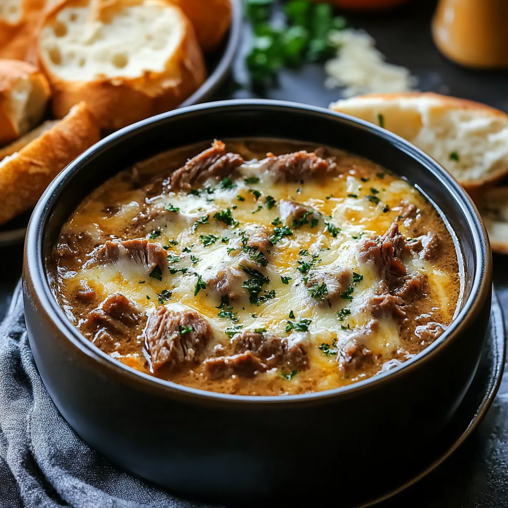 Recipe preparation for Philly Cheese Steak Soup