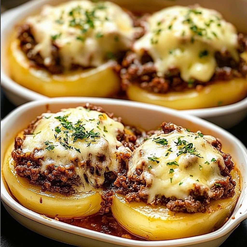 Recipe preparation for Stuffed Potato Nests with Savory Ground Beef Topping