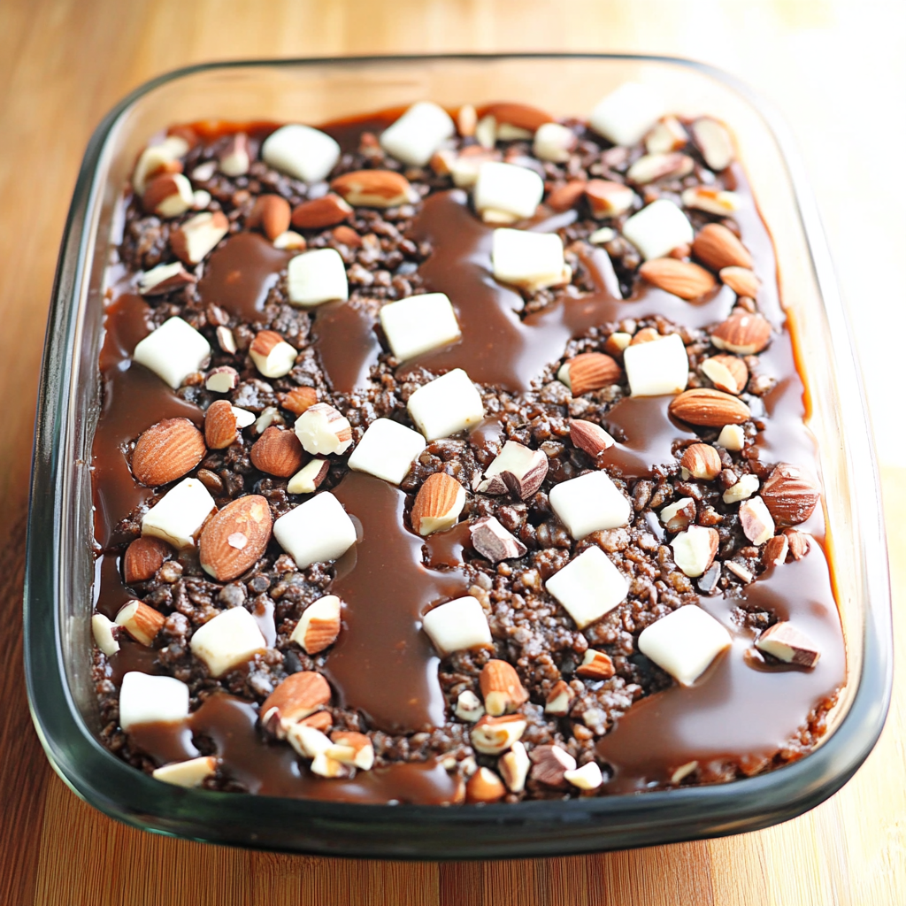 Recipe preparation for Caramel Turtle Rice Krispie Treats