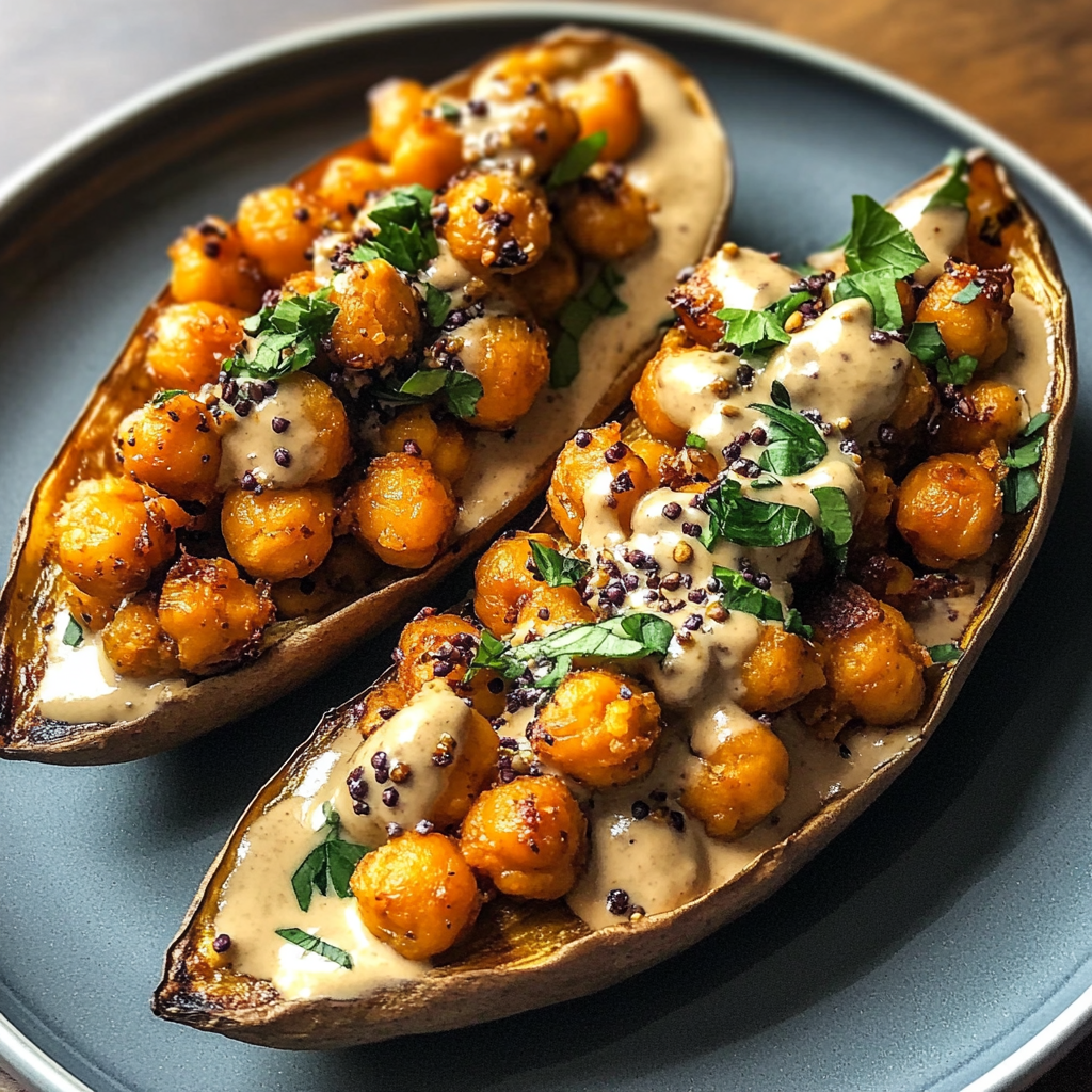 Recipe preparation for Sweet Potatoes with Tahini Butter Chickpeas
