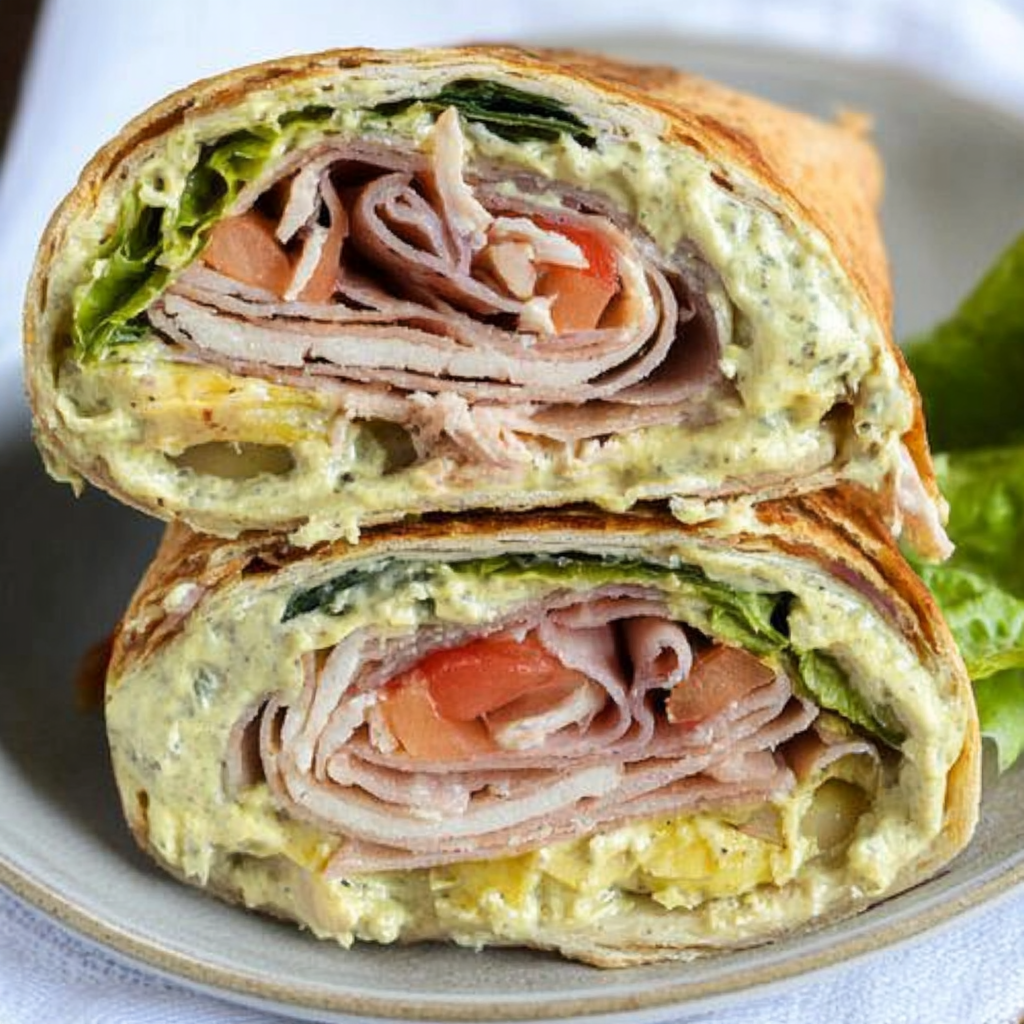 Recipe preparation for Creamy Pesto Turkey Sandwich Wraps
