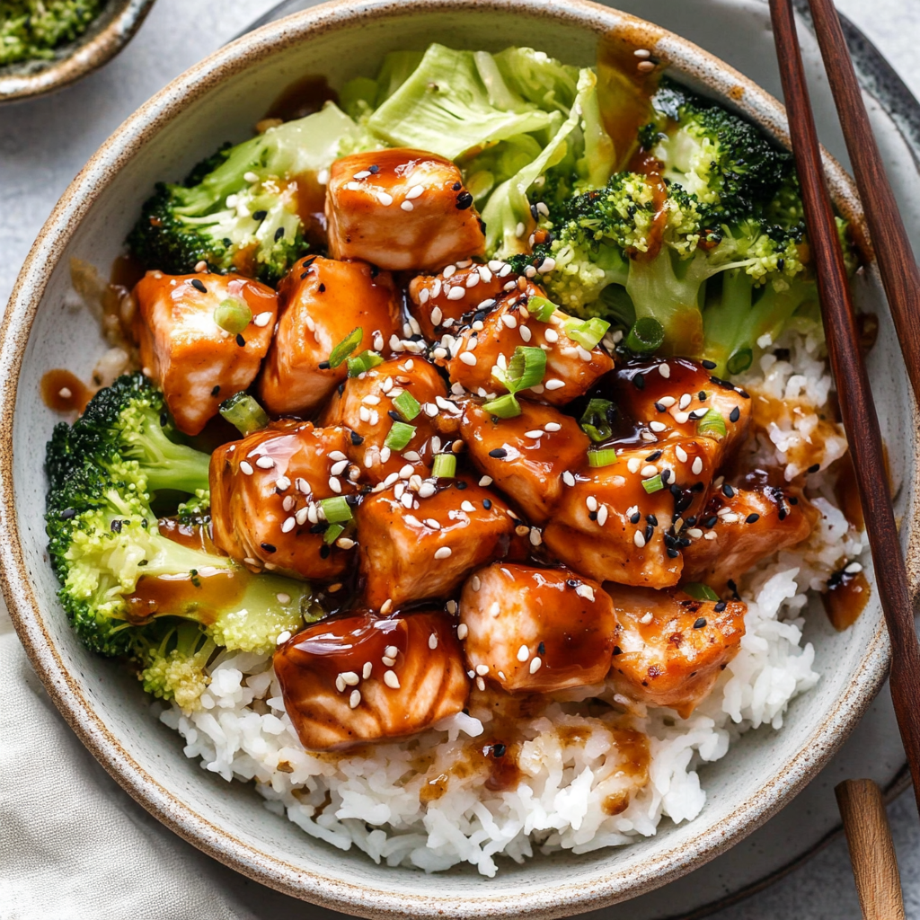 Recipe preparation for Caramelized Honey Sesame Salmon Bowls