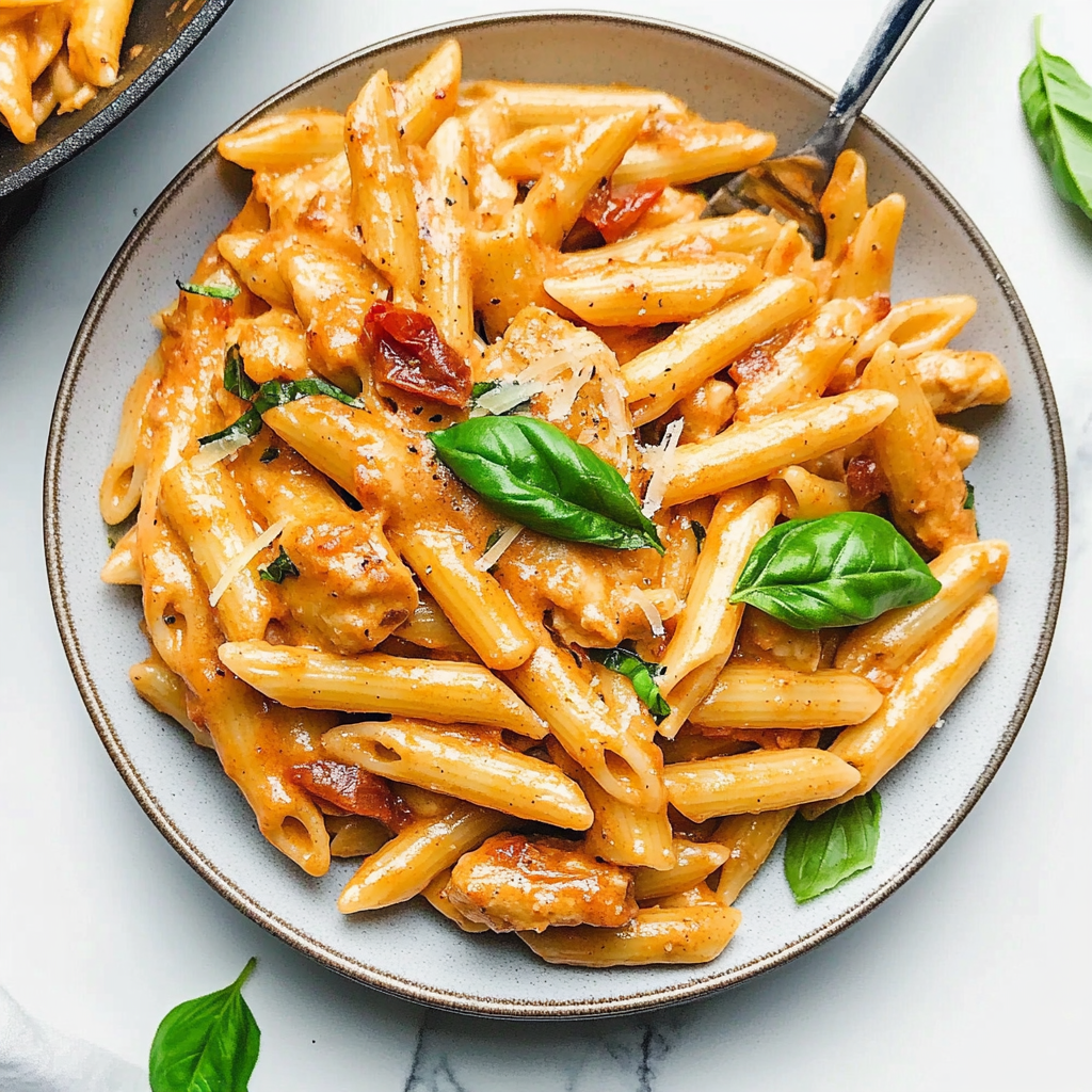Recipe preparation for Creamy Tomato Basil Chicken Penne