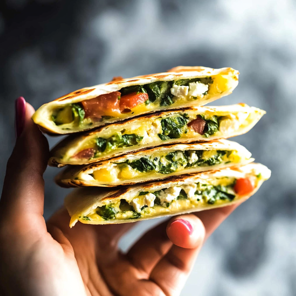 Recipe preparation for Savory Spinach and Feta Breakfast Quesadillas