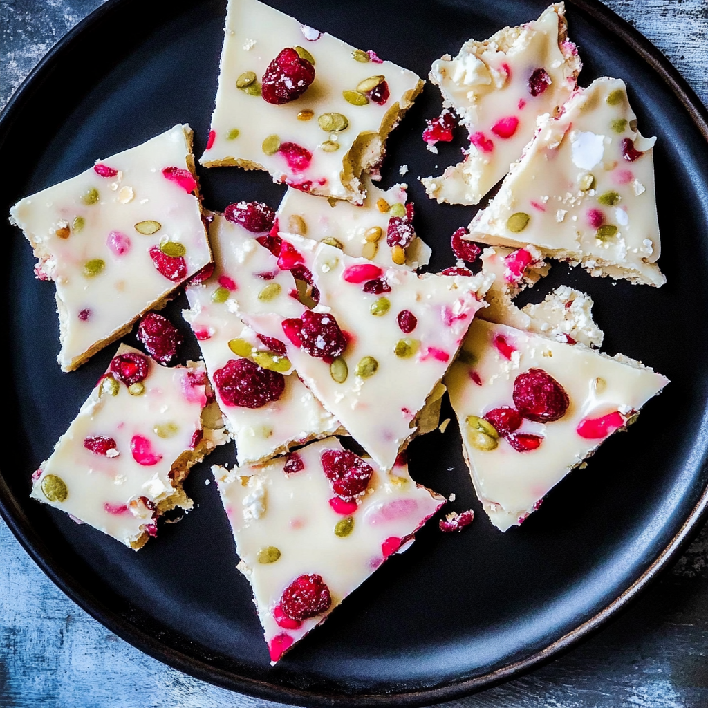 Recipe preparation for White Chocolate Raspberry Snowflake Bark