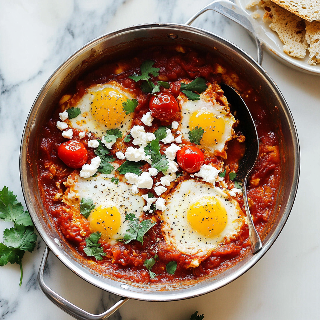 Recipe preparation for Shakshuka with blistered cherry tomatoes