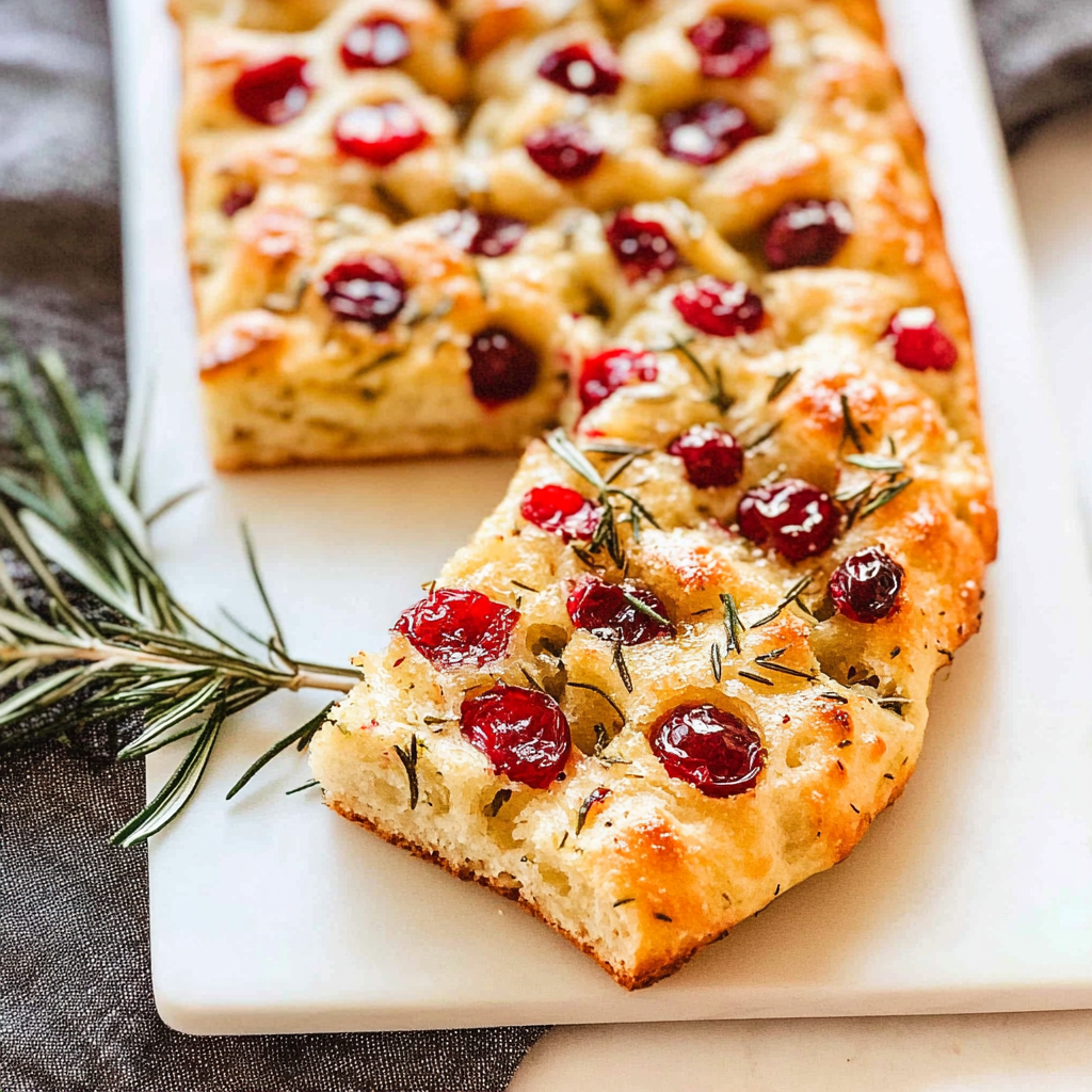 Recipe preparation for Cranberry-pine & rosemary focaccia bread