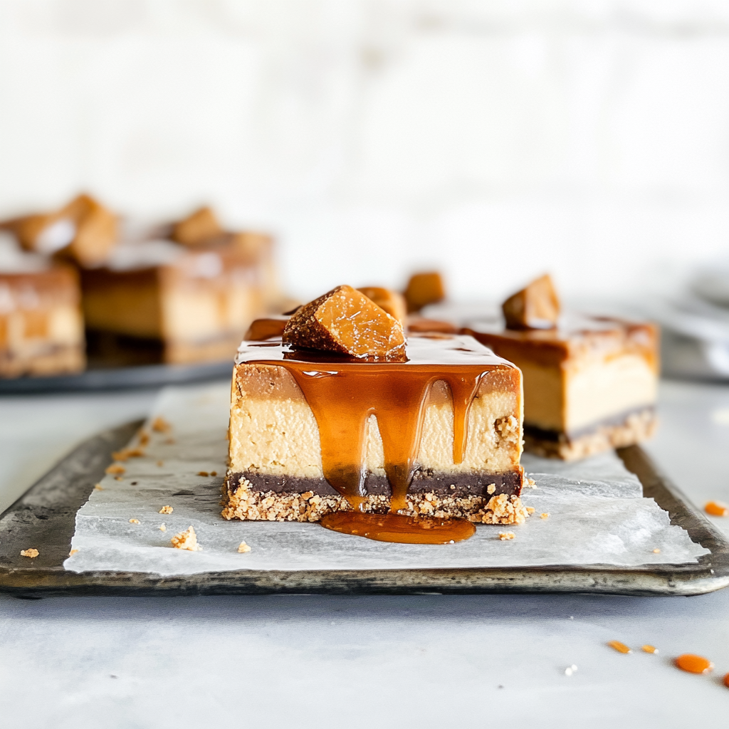 Recipe preparation for Salted-caramel cheesecake bars with gingersnap crust