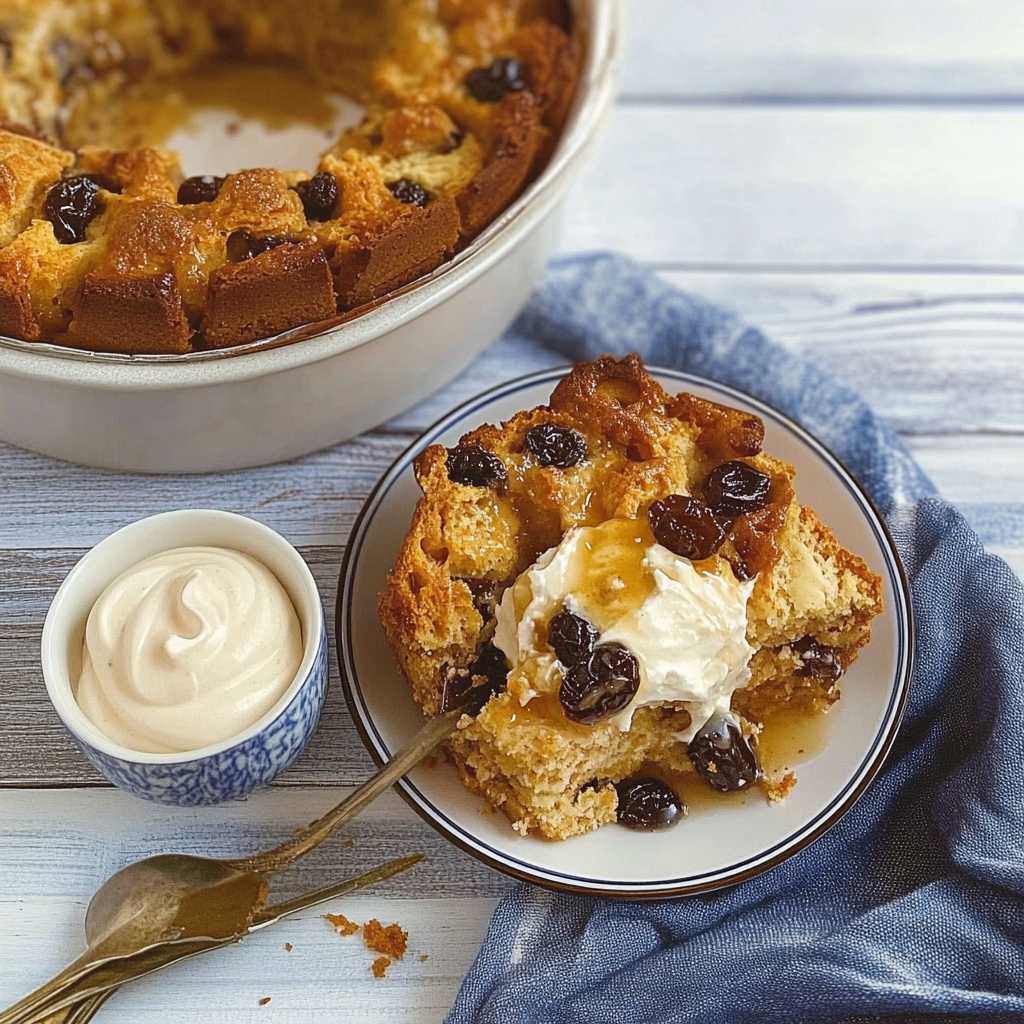 Recipe preparation for Panettone bread pudding with rum-soaked raisins